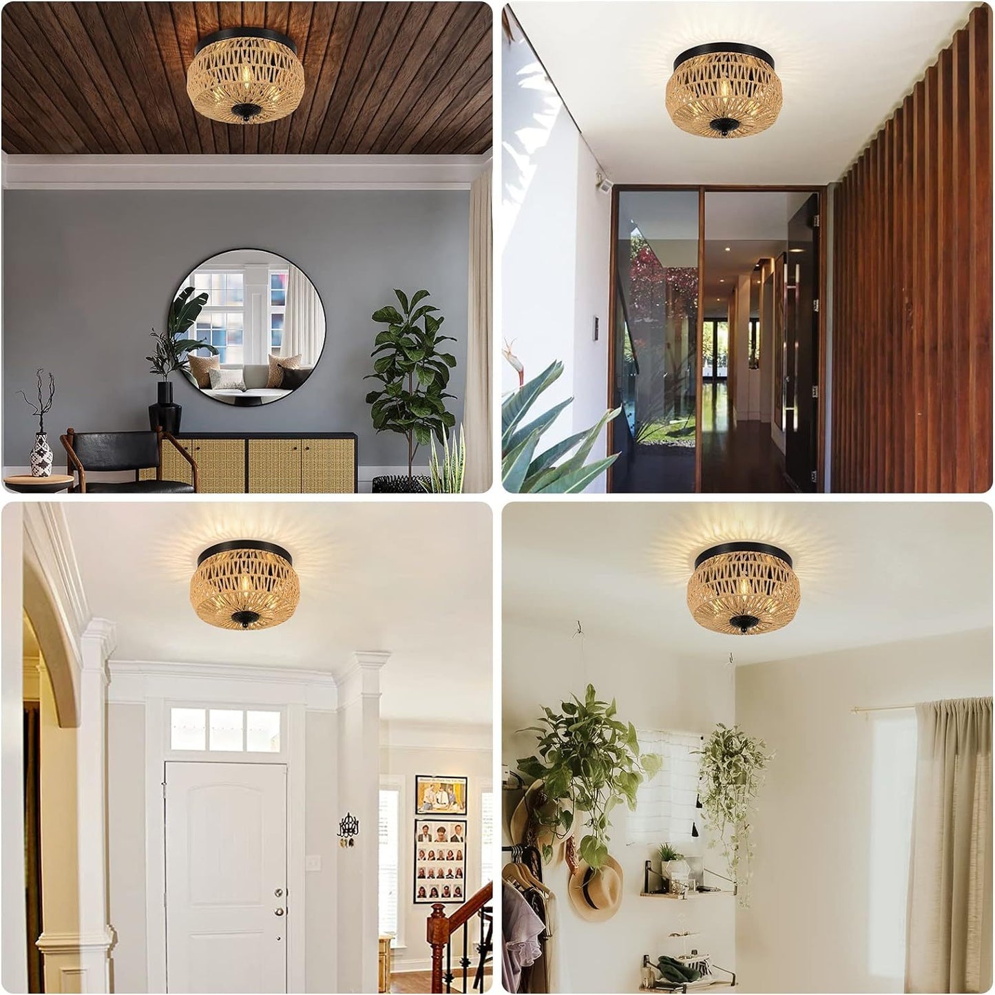 3 Lamp Woven Rattan Recessed Chandelier Lamp Fixture With Handmade Cage Lampshade For Bedroom, Kitchen, Hallway, Porch Unavailable Platforms- Welfel