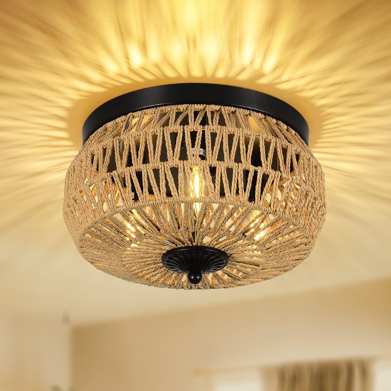 3 Lamp Woven Rattan Recessed Chandelier Lamp Fixture With Handmade Cage Lampshade For Bedroom, Kitchen, Hallway, Porch Unavailable Platforms- Welfel