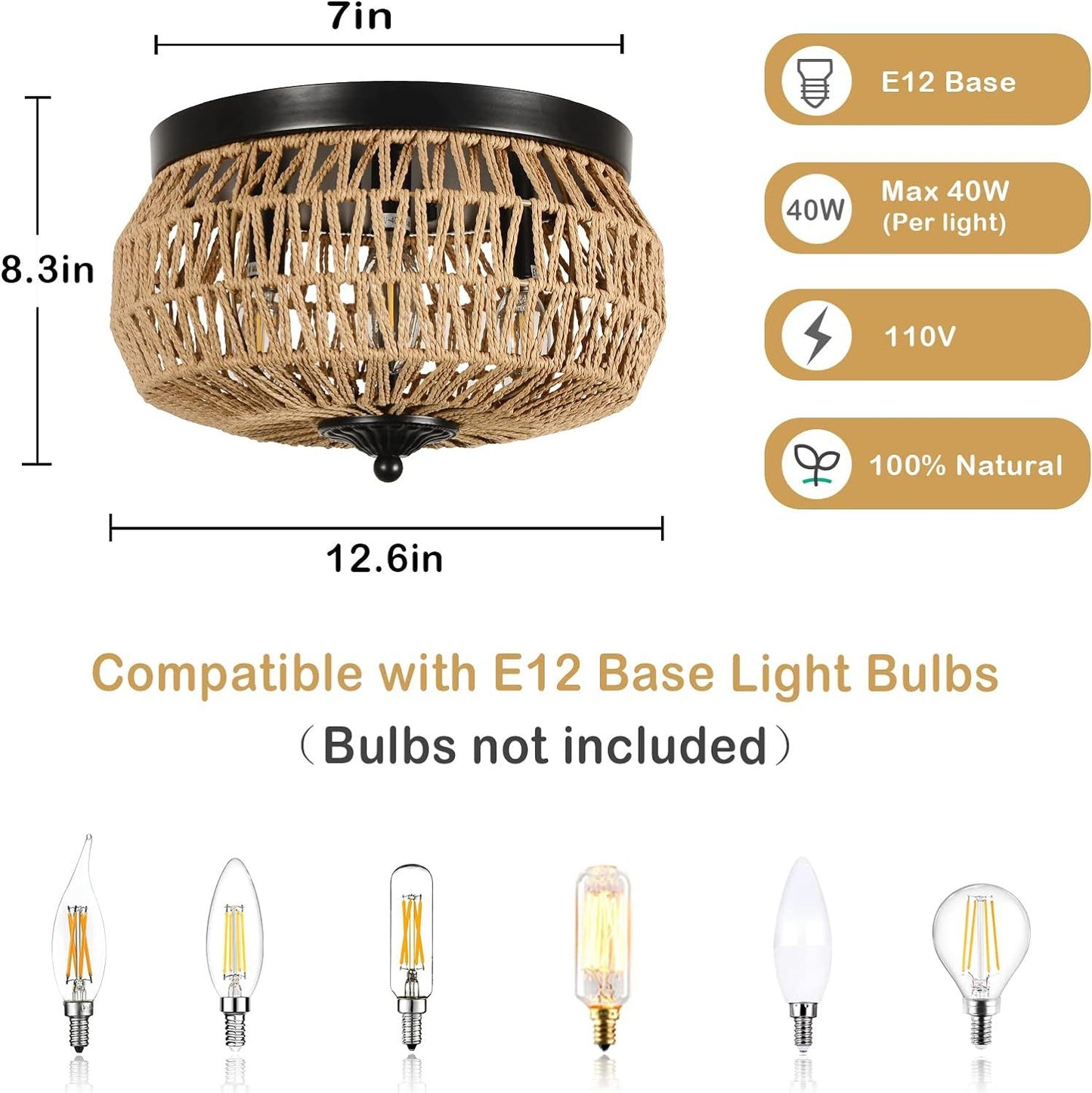 3 Lamp Woven Rattan Recessed Chandelier Lamp Fixture With Handmade Cage Lampshade For Bedroom, Kitchen, Hallway, Porch Unavailable Platforms- Welfel
